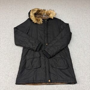 4How Parka Jacket Size 12 Black Faux Fur Lined Hooded Winter Coat Heavy Pockets